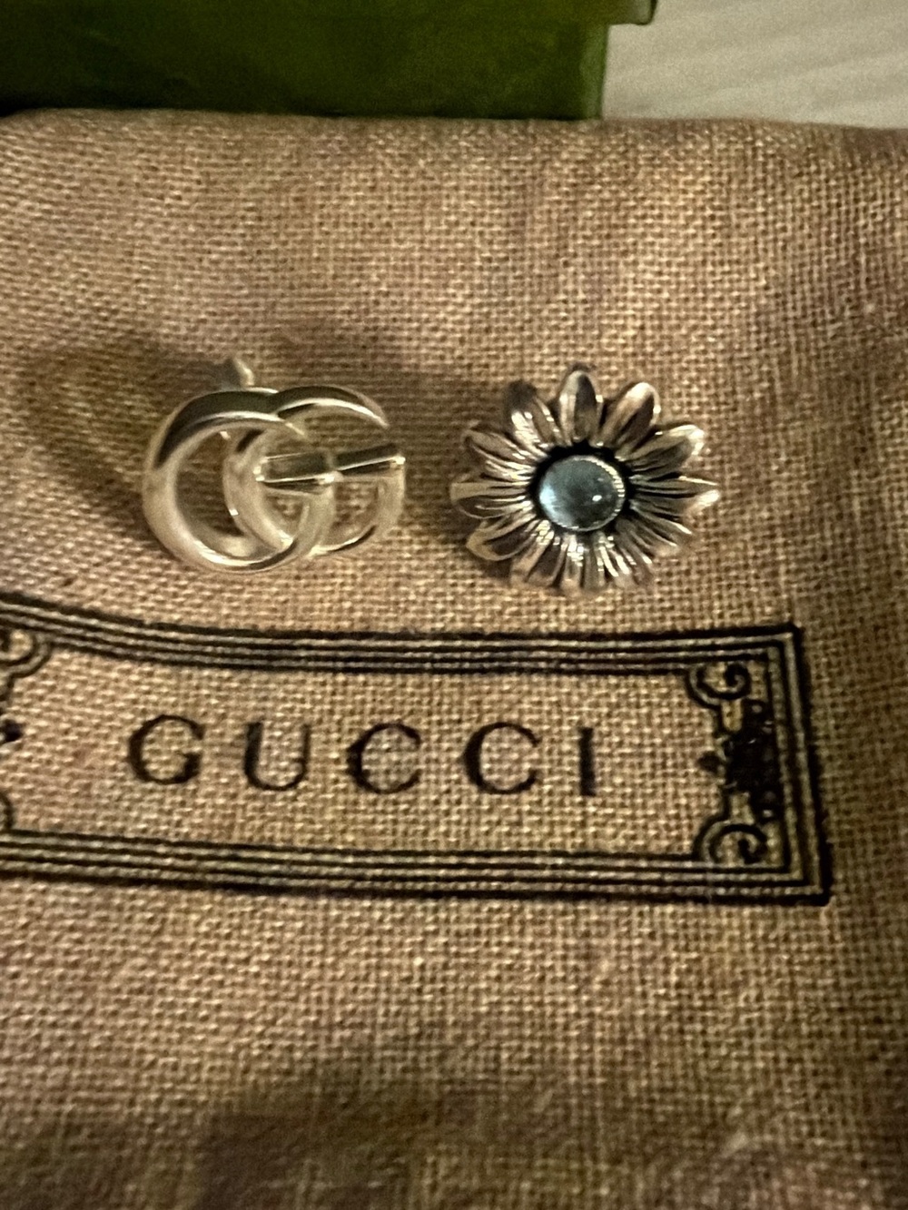 Gucci Sterling Silver Double G and Daisy Stud Earrings with Blue Center